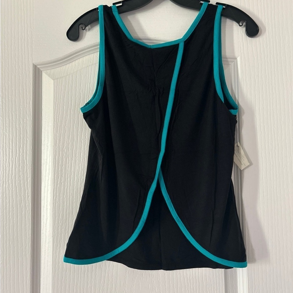 Bebe Black Top with Teal Accents and Rhinestone Logo - Picture 9 of 9